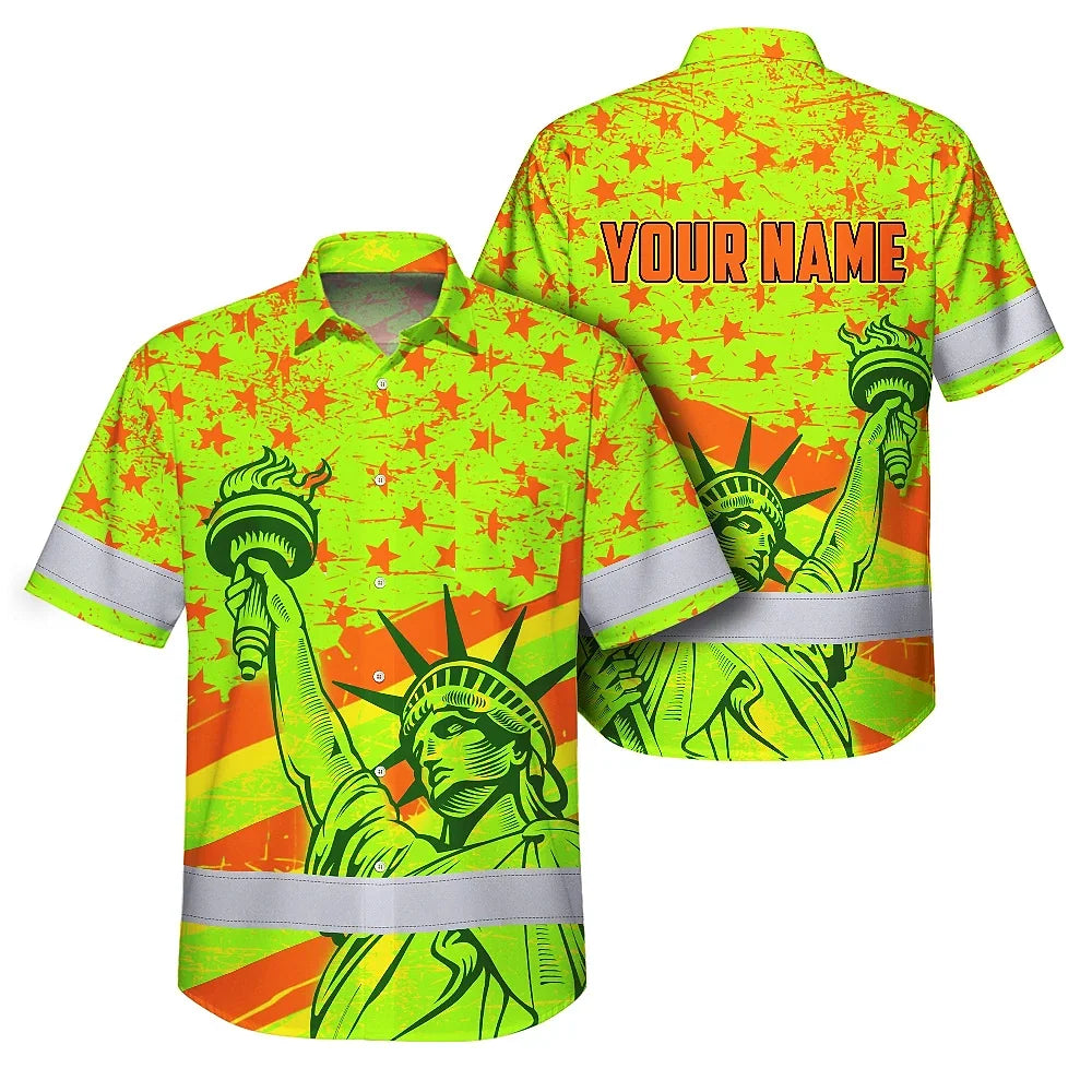 Hi Vis Hawaiian Shirt Reflective Tapes Orange Green US Flag Custom Name Safety Workwear For Workers, Truckers, Operators