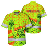 Hi Vis Hawaiian Shirt Reflective Tapes Orange Green US Flag Custom Name Safety Workwear For Workers, Truckers, Operators