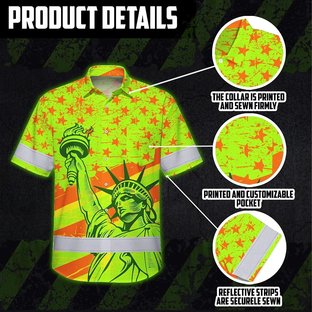 Hi Vis Hawaiian Shirt Reflective Tapes Orange Green US Flag Custom Name Safety Workwear For Workers, Truckers, Operators