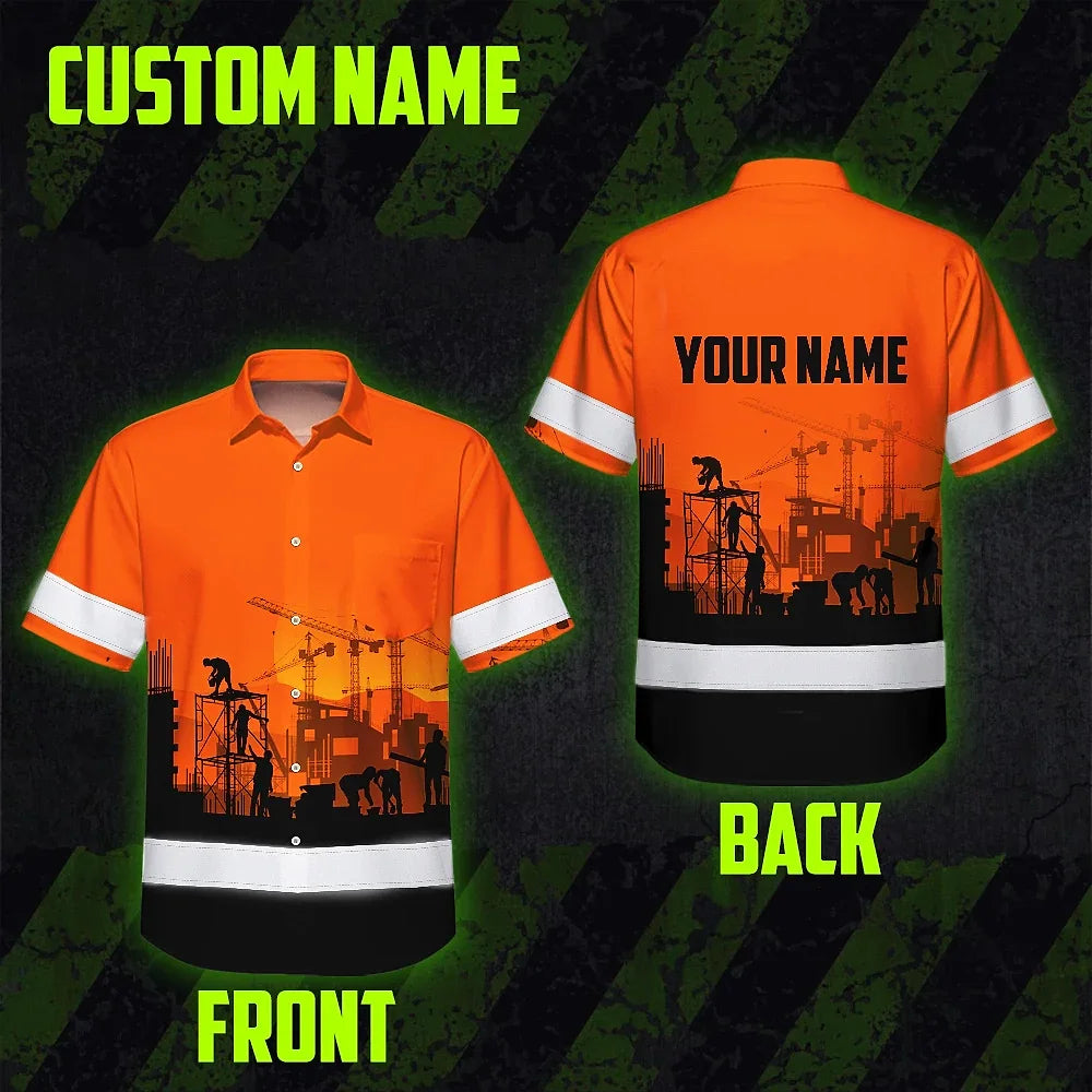 Hi Vis Hawaiian Shirt Reflective Tapes Orange Ironworker Custom Name Safety