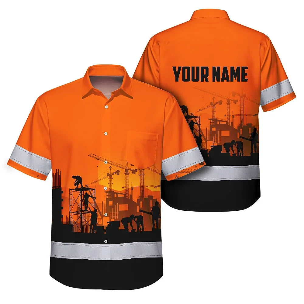 Hi Vis Hawaiian Shirt Reflective Tapes Orange Ironworker Custom Name Safety