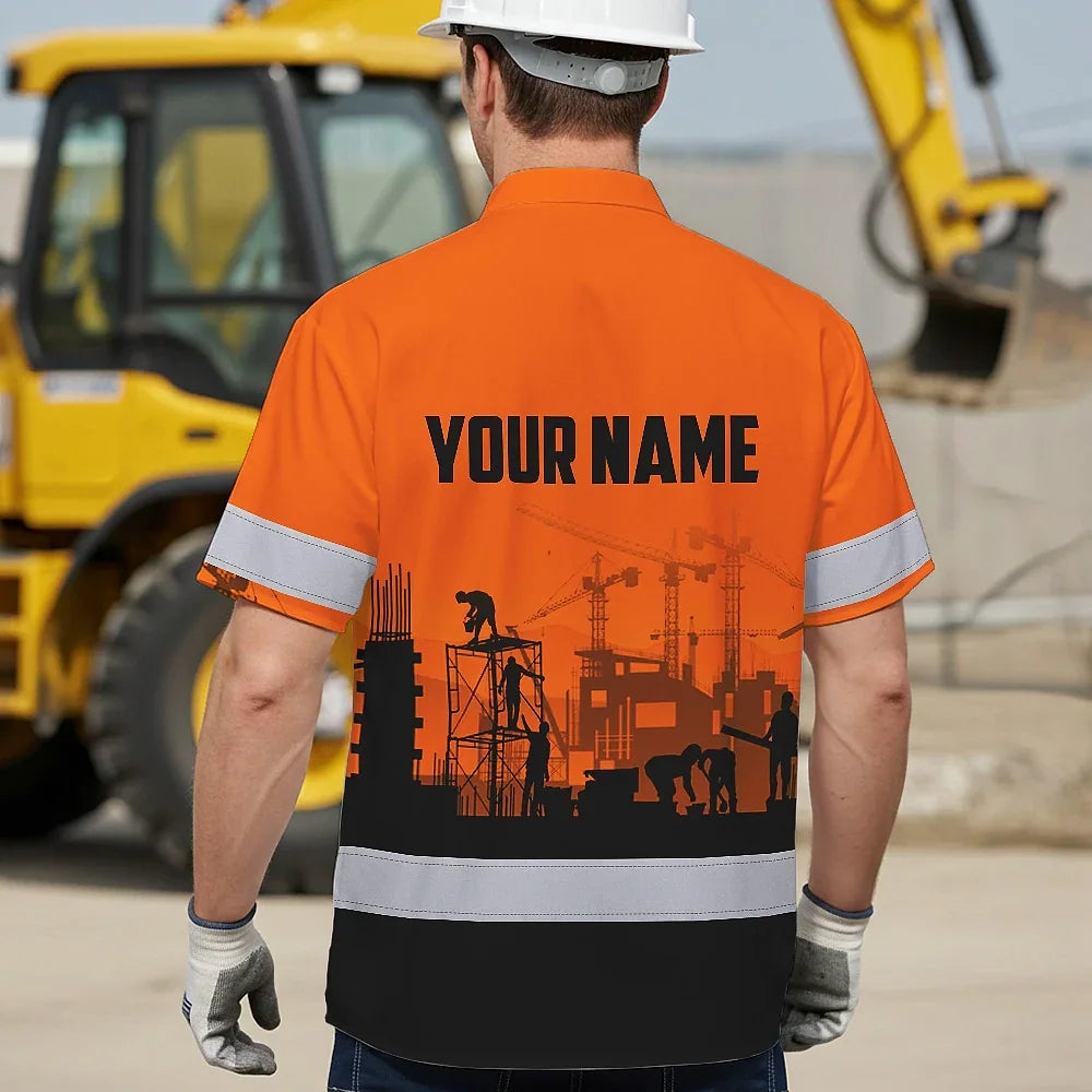 Hi Vis Hawaiian Shirt Reflective Tapes Orange Ironworker Custom Name Safety