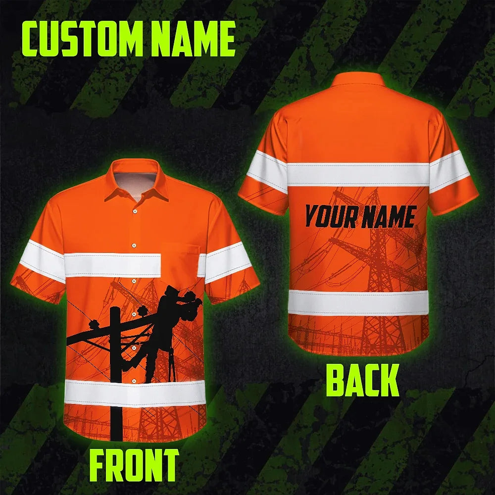Hi Vis Hawaiian Shirt Reflective Tapes Orange Lineman Custom Name Safety Workwear