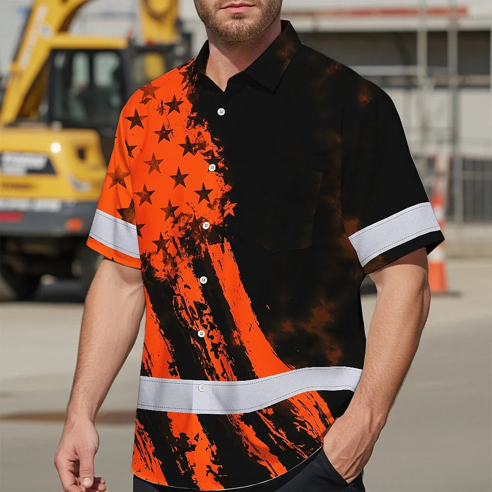 Hi Vis Hawaiian Shirt Reflective Tapes Orange Neon And Black US Flag Custom Name