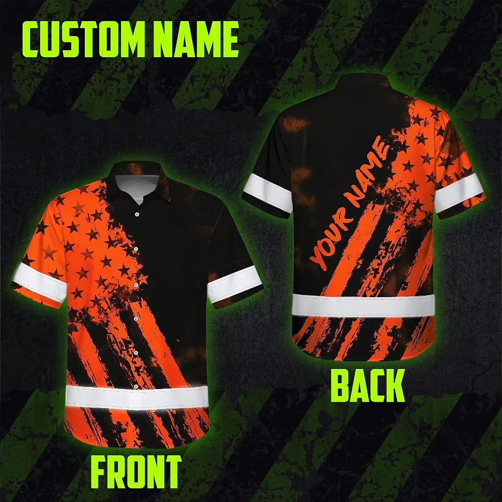 Hi Vis Hawaiian Shirt Reflective Tapes Orange Neon And Black US Flag Custom Name
