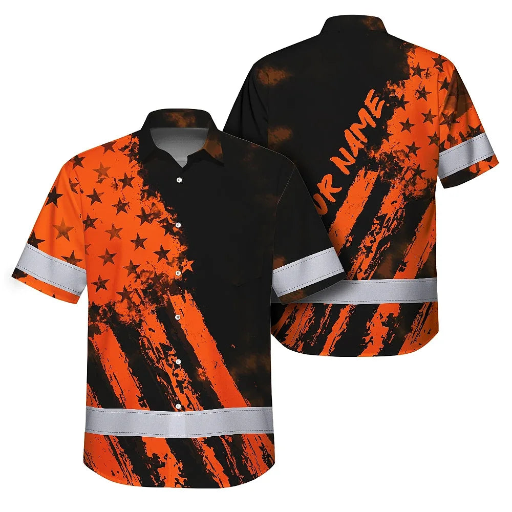 Hi Vis Hawaiian Shirt Reflective Tapes Orange Neon And Black US Flag Custom Name