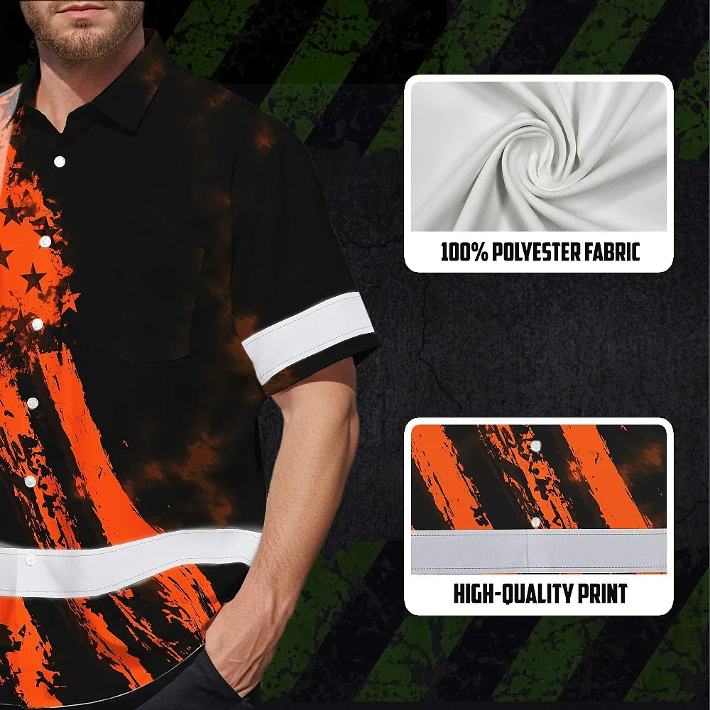 Hi Vis Hawaiian Shirt Reflective Tapes Orange Neon And Black US Flag Custom Name