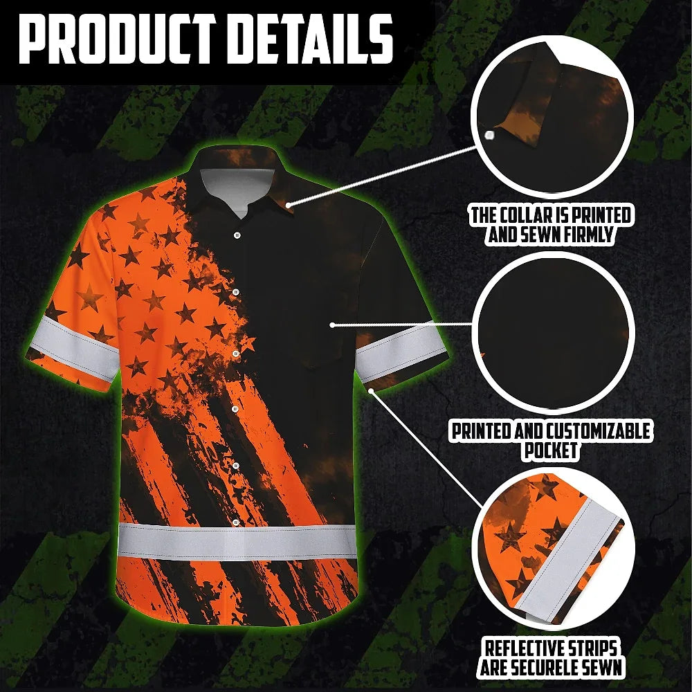 Hi Vis Hawaiian Shirt Reflective Tapes Orange Neon And Black US Flag Custom Name