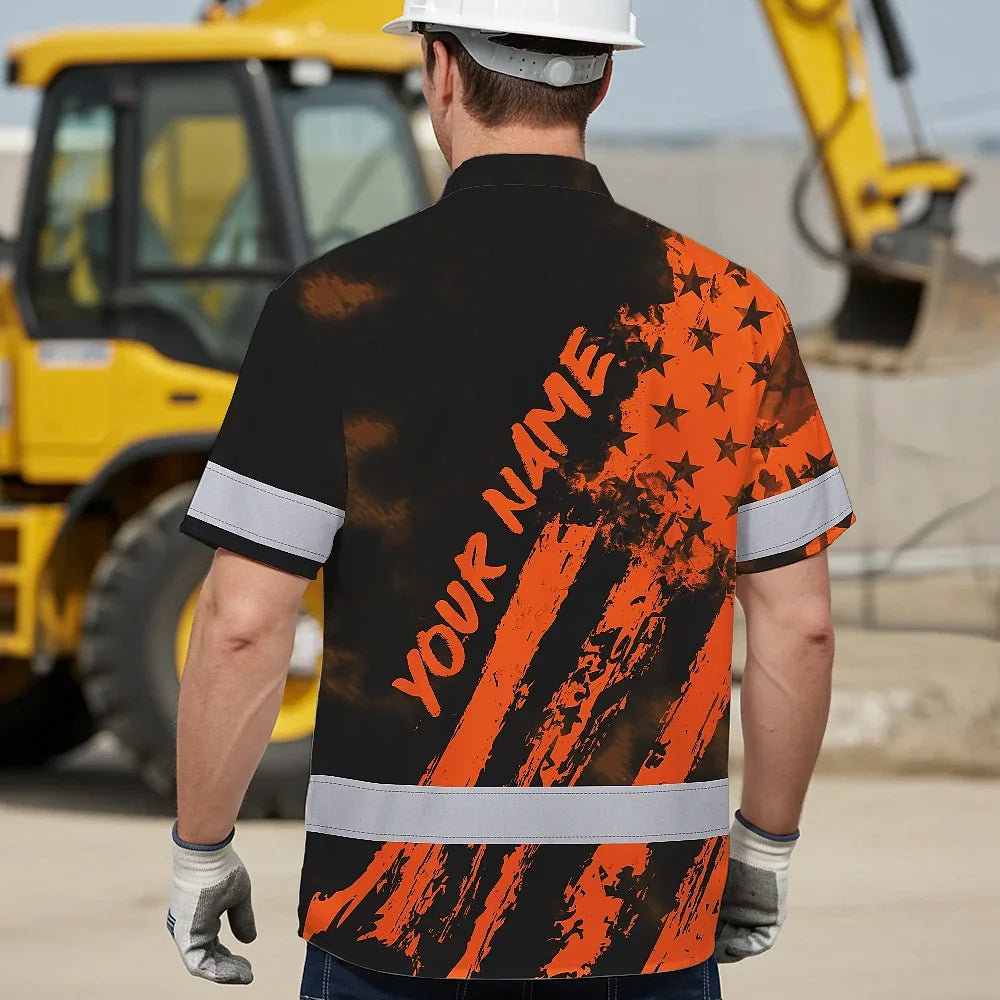 Hi Vis Hawaiian Shirt Reflective Tapes Orange Neon And Black US Flag Custom Name