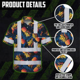 Hi Vis Hawaiian Shirt Reflective Tapes Orange Neon And Dark Blue Custom Name Safety Workwear For Workers, Truckers, Operators