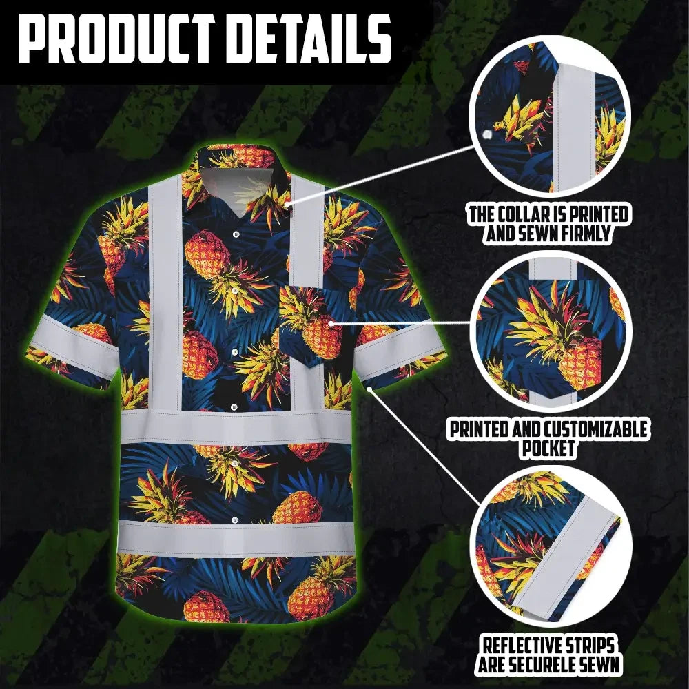 Hi Vis Hawaiian Shirt Reflective Tapes Orange Neon And Dark Blue Custom Name Safety Workwear For Workers, Truckers, Operators