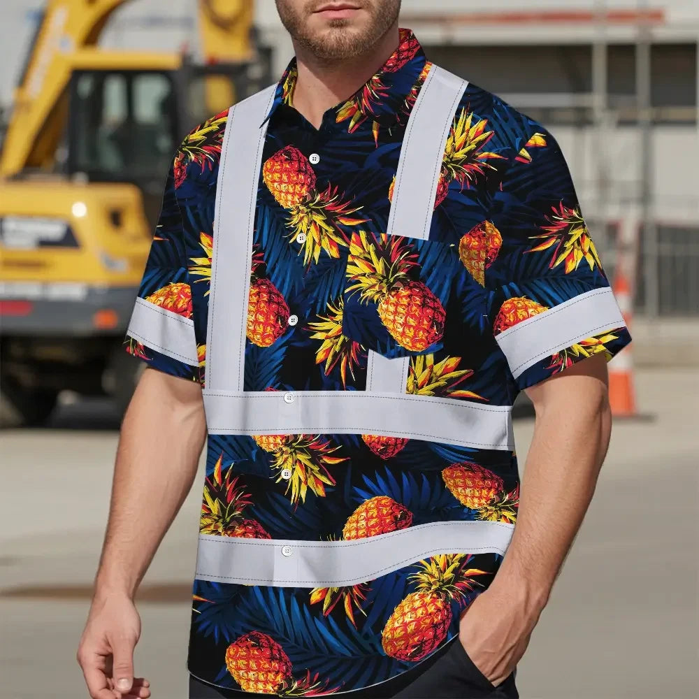 Hi Vis Hawaiian Shirt Reflective Tapes Orange Neon And Dark Blue Custom Name Safety Workwear For Workers, Truckers, Operators
