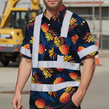 Hi Vis Hawaiian Shirt Reflective Tapes Orange Neon And Dark Blue Custom Name Safety Workwear For Workers, Truckers, Operators