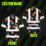 Hi Vis Hawaiian Shirt Reflective Tapes Orange Neon And Dark Blue Custom Name Safety Workwear For Workers, Truckers, Operators