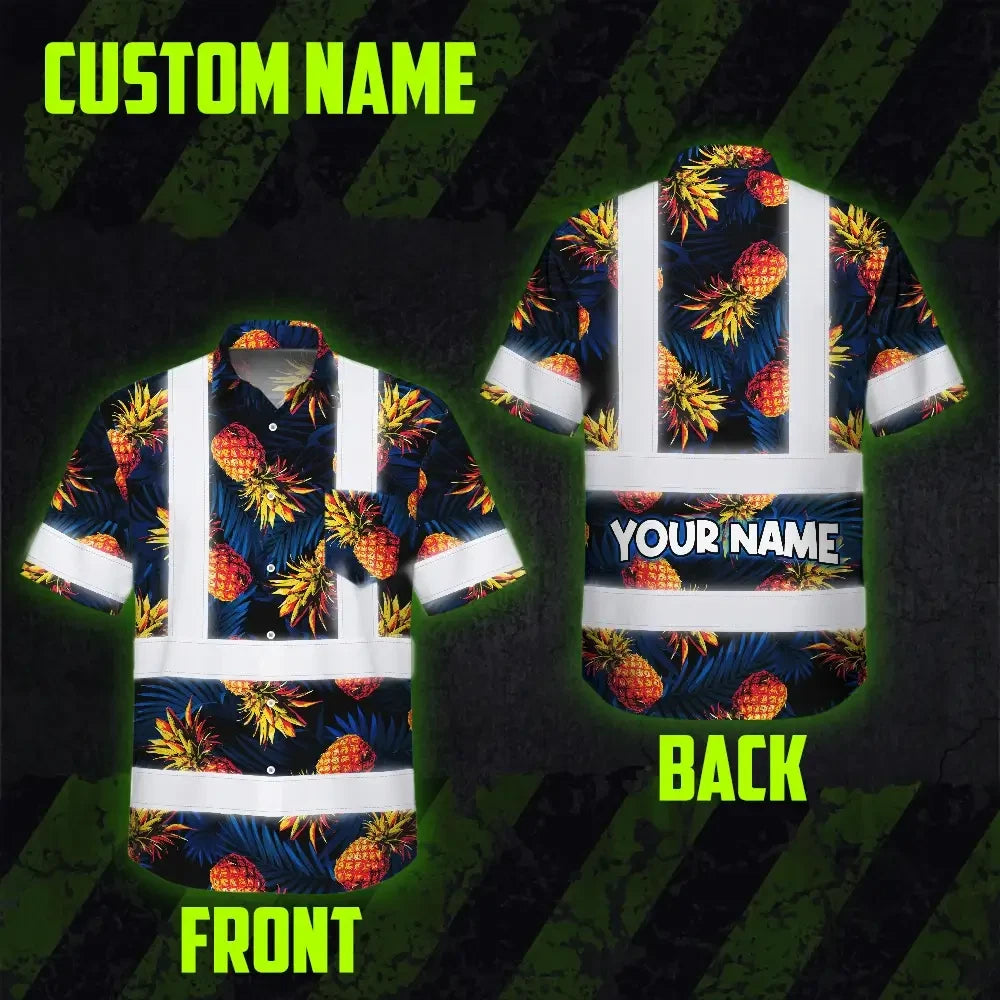 Hi Vis Hawaiian Shirt Reflective Tapes Orange Neon And Dark Blue Custom Name Safety Workwear For Workers, Truckers, Operators