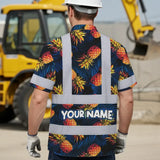 Hi Vis Hawaiian Shirt Reflective Tapes Orange Neon And Dark Blue Custom Name Safety Workwear For Workers, Truckers, Operators