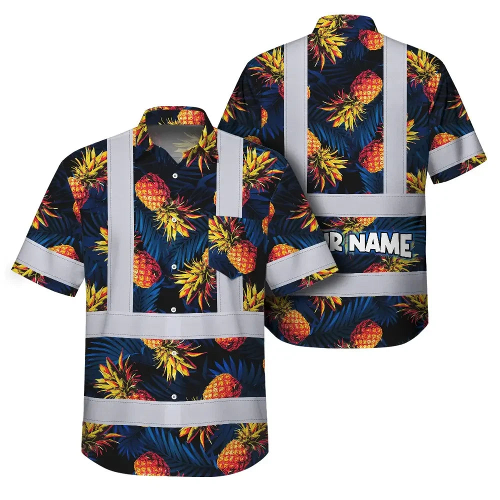 Hi Vis Hawaiian Shirt Reflective Tapes Orange Neon And Dark Blue Custom Name Safety Workwear For Workers, Truckers, Operators