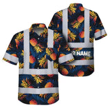 Hi Vis Hawaiian Shirt Reflective Tapes Orange Neon And Dark Blue Custom Name Safety Workwear For Workers, Truckers, Operators