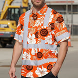 Hi Vis Hawaiian Shirt Reflective Tapes Orange Neon And White Flowers Custom Name And Logo Safety Workwear For Workers, Truckers, Operators, Company