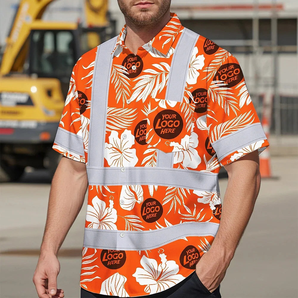 Hi Vis Hawaiian Shirt Reflective Tapes Orange Neon And White Flowers Custom Name And Logo Safety Workwear For Workers, Truckers, Operators, Company