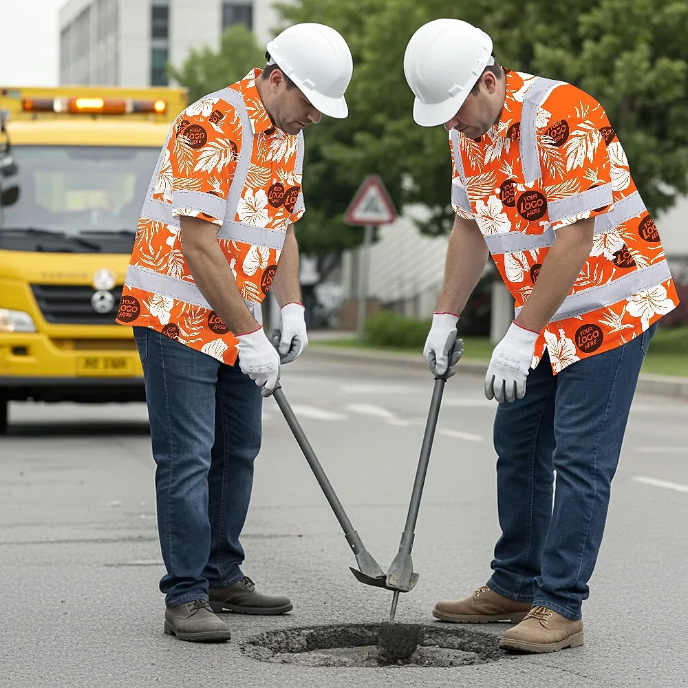 Hi Vis Hawaiian Shirt Reflective Tapes Orange Neon And White Flowers Custom Name And Logo Safety Workwear For Workers, Truckers, Operators, Company
