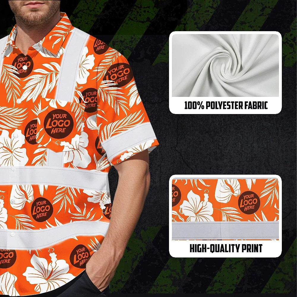 Hi Vis Hawaiian Shirt Reflective Tapes Orange Neon And White Flowers Custom Name And Logo Safety Workwear For Workers, Truckers, Operators, Company