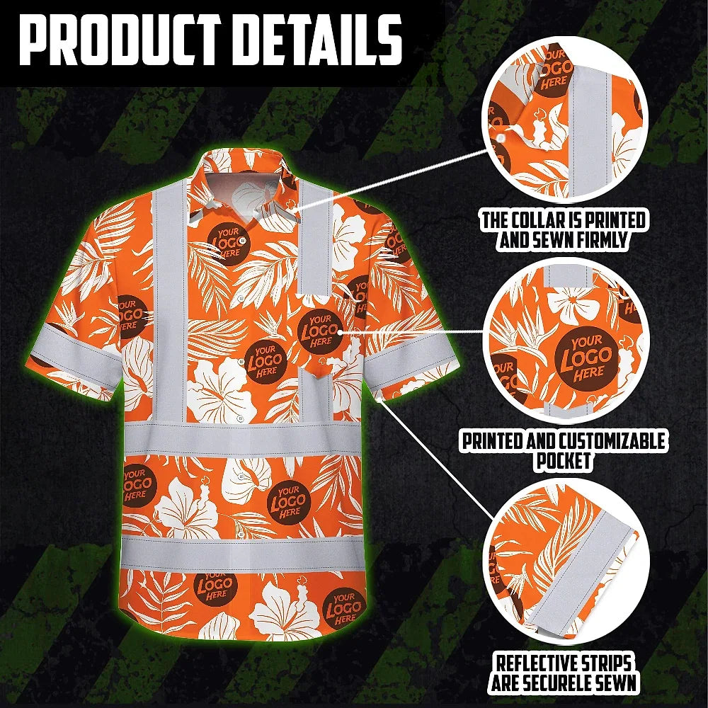 Hi Vis Hawaiian Shirt Reflective Tapes Orange Neon And White Flowers Custom Name And Logo Safety Workwear For Workers, Truckers, Operators, Company