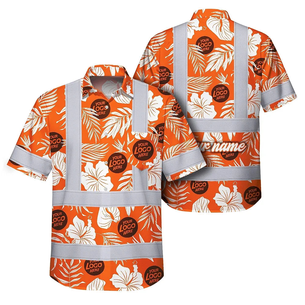 Hi Vis Hawaiian Shirt Reflective Tapes Orange Neon And White Flowers Custom Name And Logo Safety Workwear For Workers, Truckers, Operators, Company