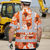Hi Vis Hawaiian Shirt Reflective Tapes Orange Neon And White Flowers Custom Name And Logo Safety Workwear For Workers, Truckers, Operators, Company