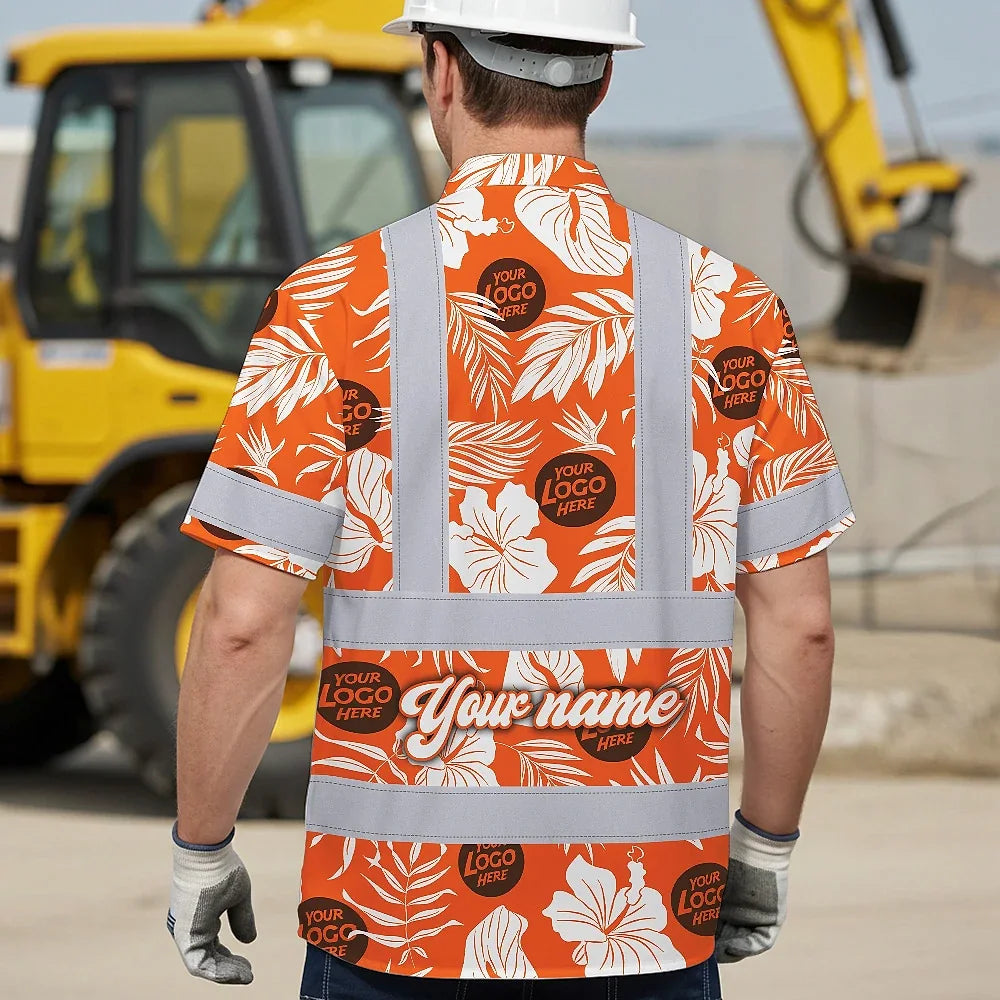 Hi Vis Hawaiian Shirt Reflective Tapes Orange Neon And White Flowers Custom Name And Logo Safety Workwear For Workers, Truckers, Operators, Company