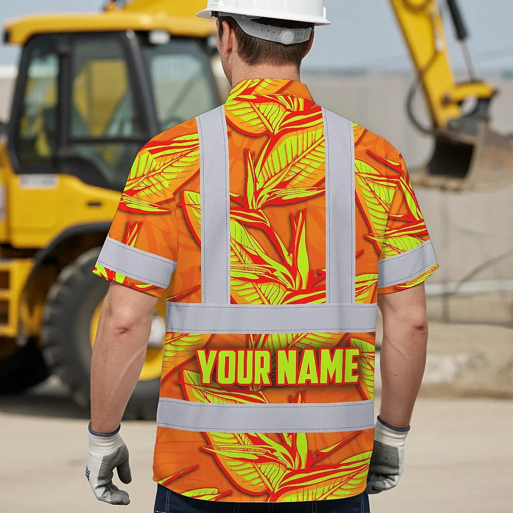 Hi Vis Hawaiian Shirt Reflective Tapes Orange Neon Bird of Paradise Custom Name Safety Workwear For Workers, Truckers, Operators