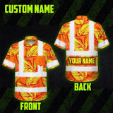 Hi Vis Hawaiian Shirt Reflective Tapes Orange Neon Bird of Paradise Custom Name Safety Workwear For Workers, Truckers, Operators