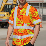 Hi Vis Hawaiian Shirt Reflective Tapes Orange Neon Bird of Paradise Custom Name Safety Workwear For Workers, Truckers, Operators