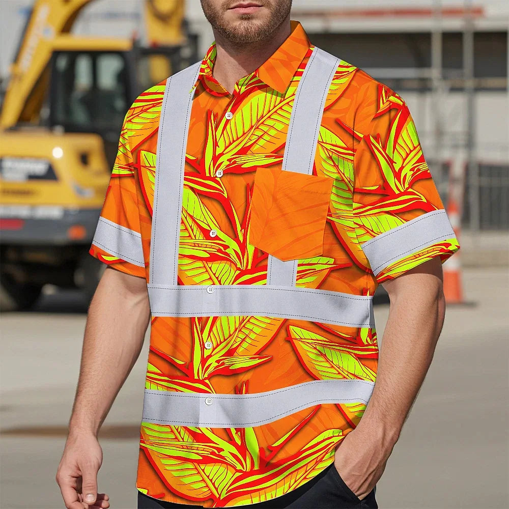 Hi Vis Hawaiian Shirt Reflective Tapes Orange Neon Bird of Paradise Custom Name Safety Workwear For Workers, Truckers, Operators