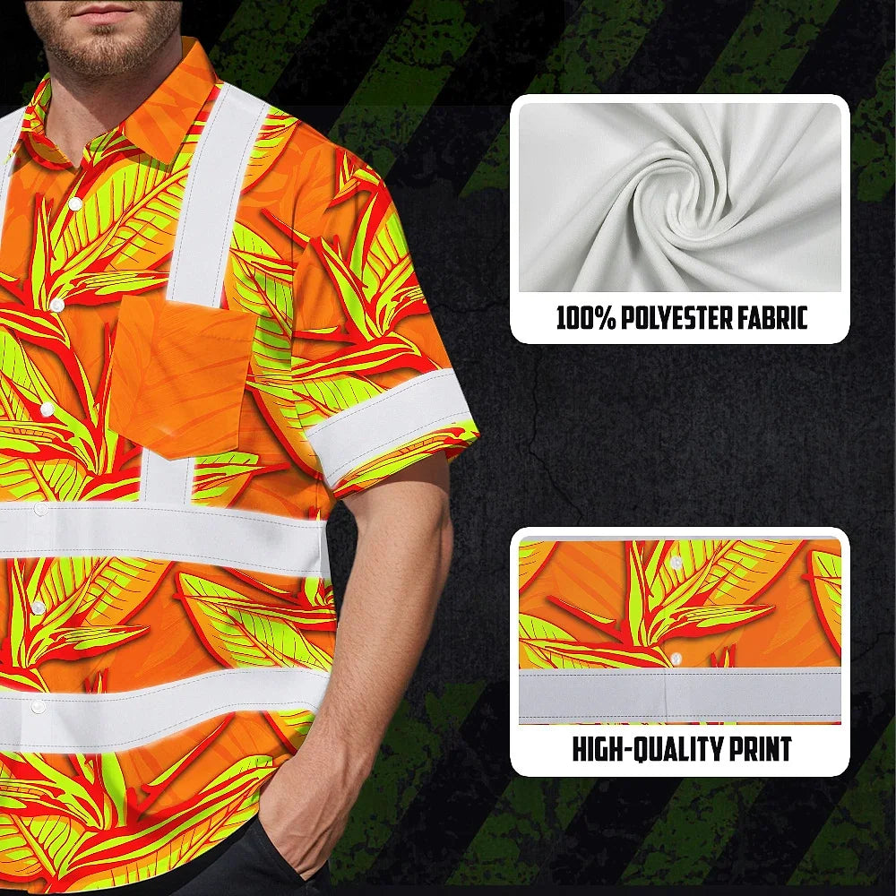 Hi Vis Hawaiian Shirt Reflective Tapes Orange Neon Bird of Paradise Custom Name Safety Workwear For Workers, Truckers, Operators