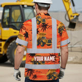 Hi Vis Hawaiian Shirt Reflective Tapes Orange Neon Dump Truck Custom Name Safety Workwear For Workers, Truckers, Operators