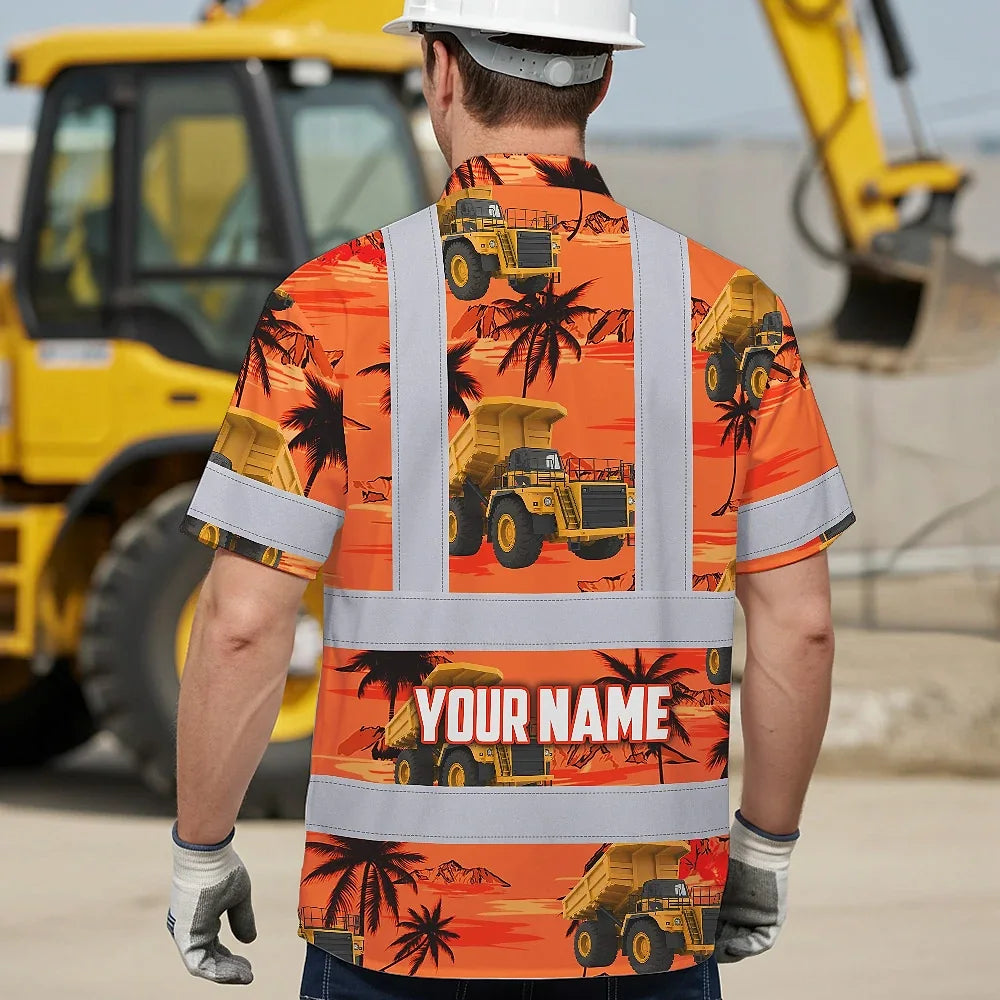 Hi Vis Hawaiian Shirt Reflective Tapes Orange Neon Dump Truck Custom Name Safety Workwear For Workers, Truckers, Operators