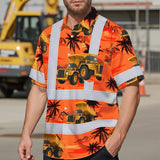 Hi Vis Hawaiian Shirt Reflective Tapes Orange Neon Dump Truck Custom Name Safety Workwear For Workers, Truckers, Operators