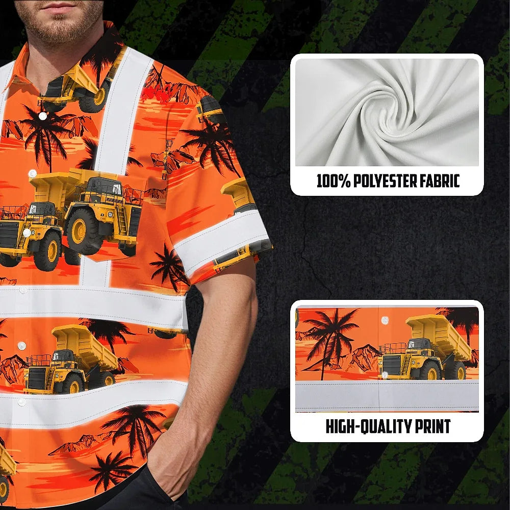 Hi Vis Hawaiian Shirt Reflective Tapes Orange Neon Dump Truck Custom Name Safety Workwear For Workers, Truckers, Operators