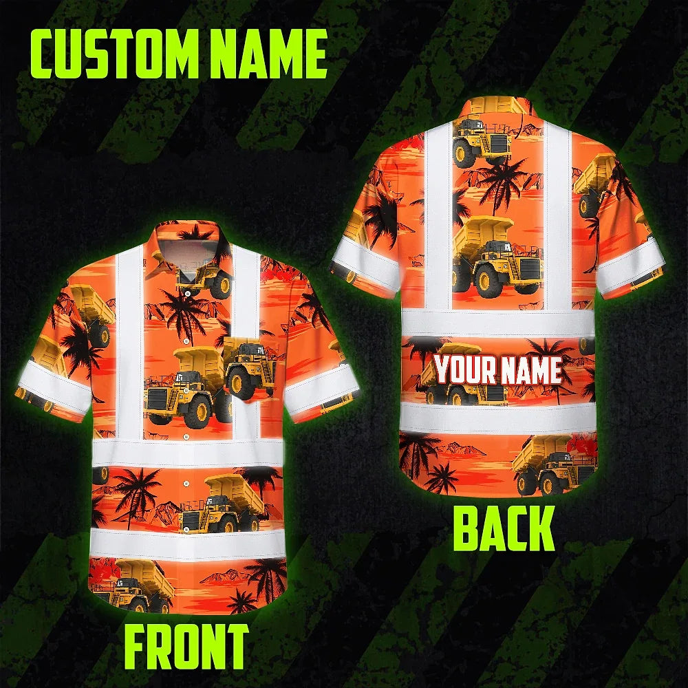 Hi Vis Hawaiian Shirt Reflective Tapes Orange Neon Dump Truck Custom Name Safety Workwear For Workers, Truckers, Operators