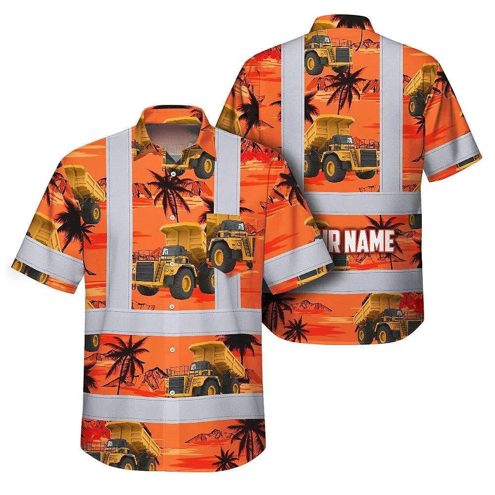Hi Vis Hawaiian Shirt Reflective Tapes Orange Neon Dump Truck Custom Name Safety Workwear For Workers, Truckers, Operators
