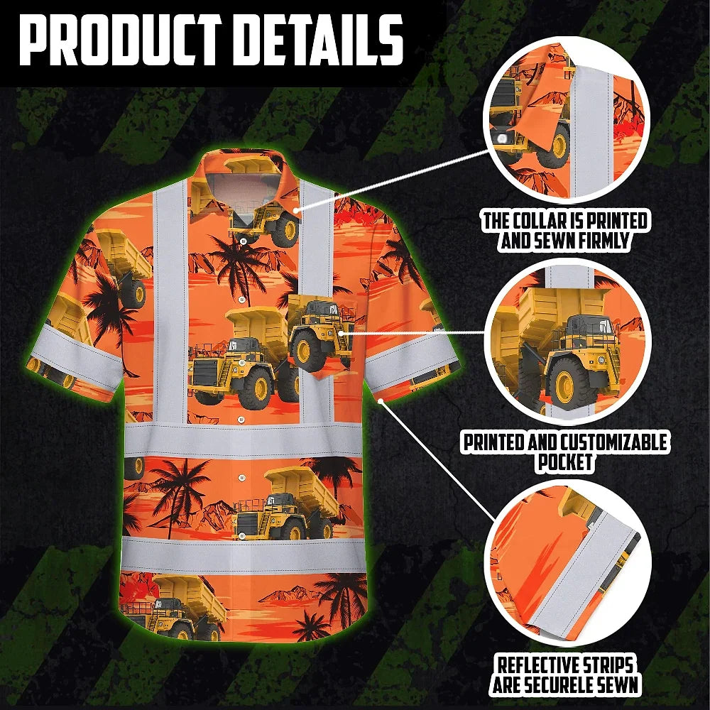 Hi Vis Hawaiian Shirt Reflective Tapes Orange Neon Dump Truck Custom Name Safety Workwear For Workers, Truckers, Operators