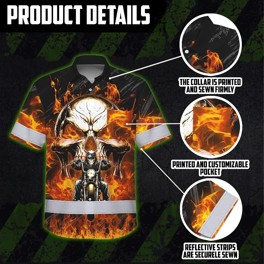 Hi Vis Hawaiian Shirt Reflective Tapes Orange Neon Fire Biker Skull Custom Name Safety Workwear For Workers, Truckers, Operators