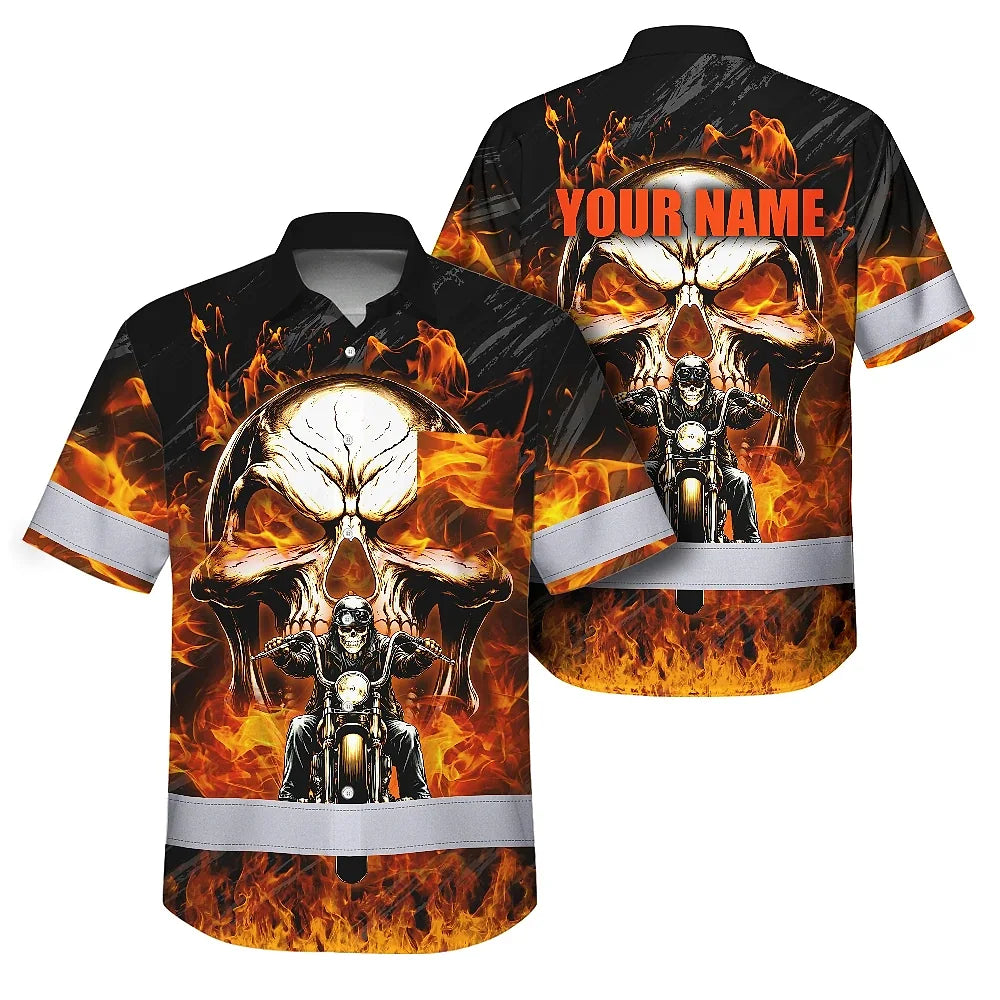 Hi Vis Hawaiian Shirt Reflective Tapes Orange Neon Fire Biker Skull Custom Name Safety Workwear For Workers, Truckers, Operators