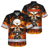 Hi Vis Hawaiian Shirt Reflective Tapes Orange Neon Fire Biker Skull Custom Name Safety Workwear For Workers, Truckers, Operators
