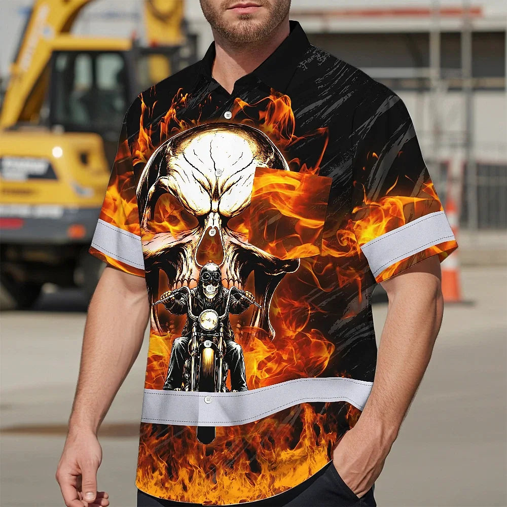Hi Vis Hawaiian Shirt Reflective Tapes Orange Neon Fire Biker Skull Custom Name Safety Workwear For Workers, Truckers, Operators