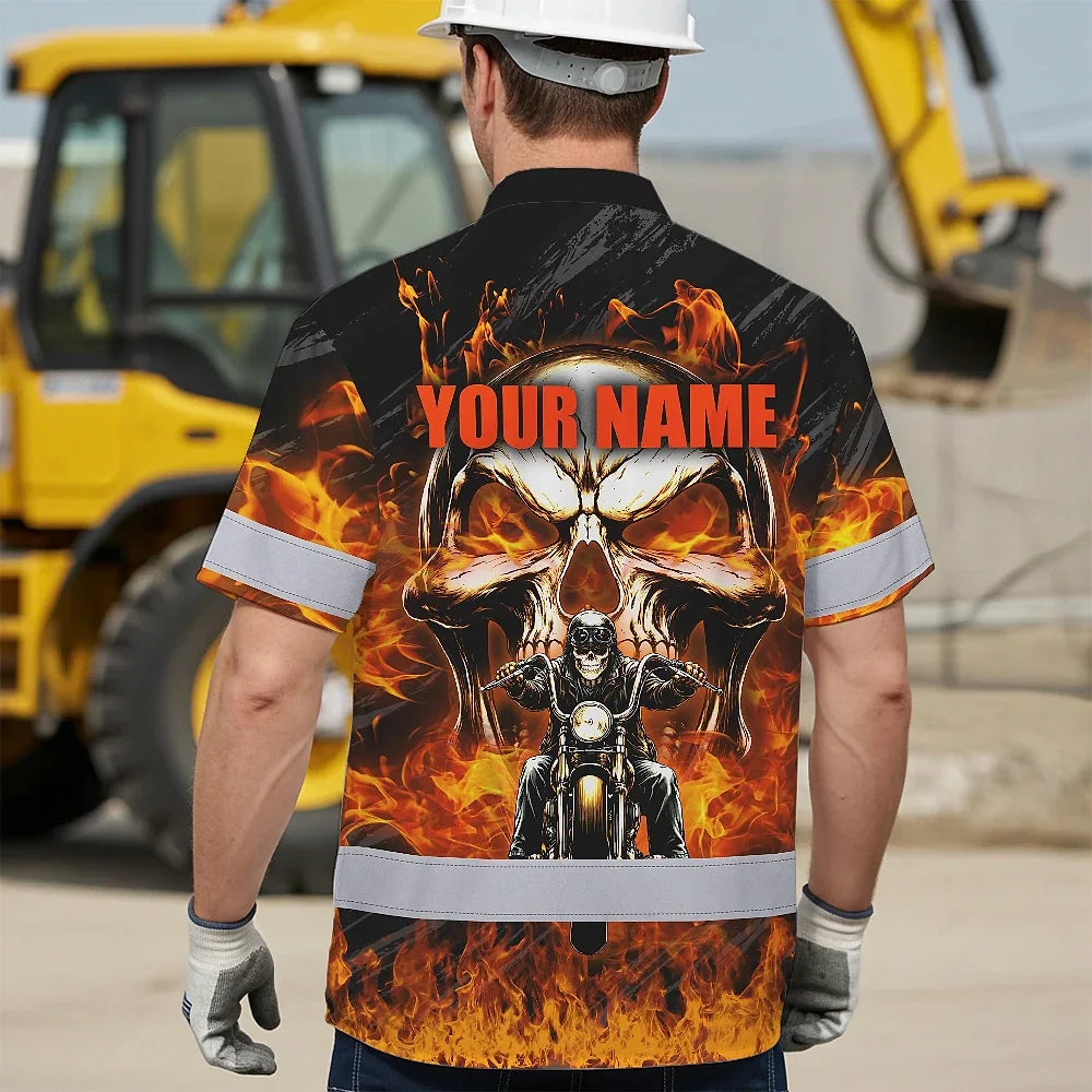 Hi Vis Hawaiian Shirt Reflective Tapes Orange Neon Fire Biker Skull Custom Name Safety Workwear For Workers, Truckers, Operators