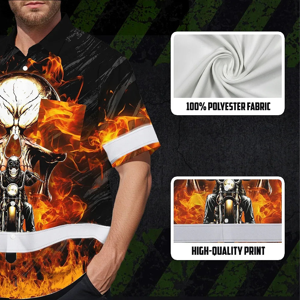 Hi Vis Hawaiian Shirt Reflective Tapes Orange Neon Fire Biker Skull Custom Name Safety Workwear For Workers, Truckers, Operators