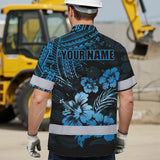 Hi Vis Hawaiian Shirt Reflective Tapes Orange Neon Flower Polynesian Tribal Custom Name Safety Workwear For Workers, Truckers, Operators