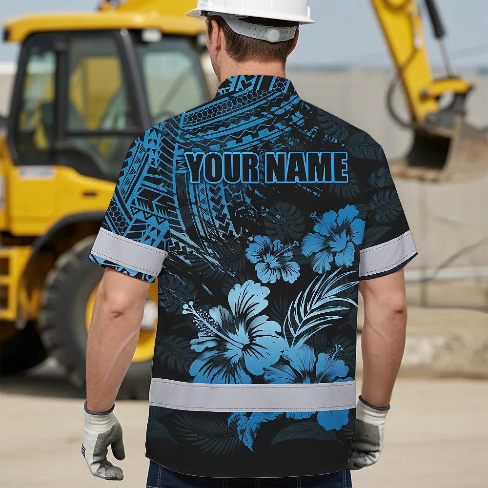 Hi Vis Hawaiian Shirt Reflective Tapes Orange Neon Flower Polynesian Tribal Custom Name Safety Workwear For Workers, Truckers, Operators